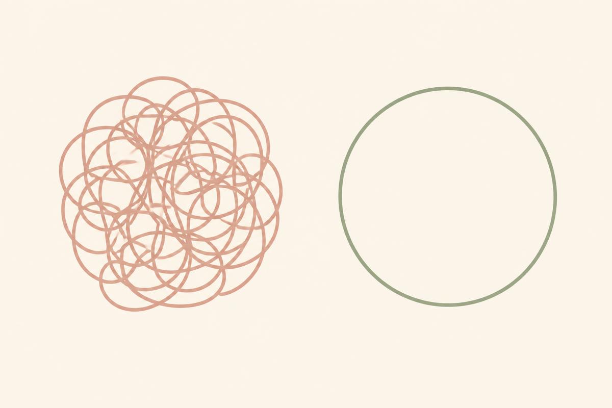 Two circles: a tangle of overlapping loops beside a single clean circle
